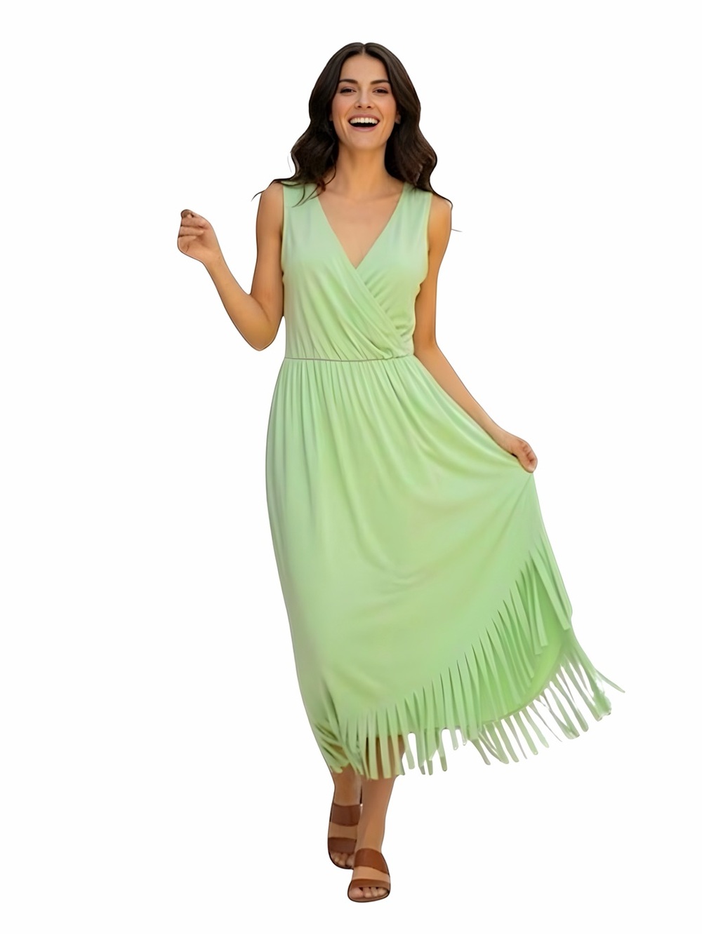 Love Scarlett Sage Green V-Neck Wrap Midi Dress Fringed Hem NWT Size Large